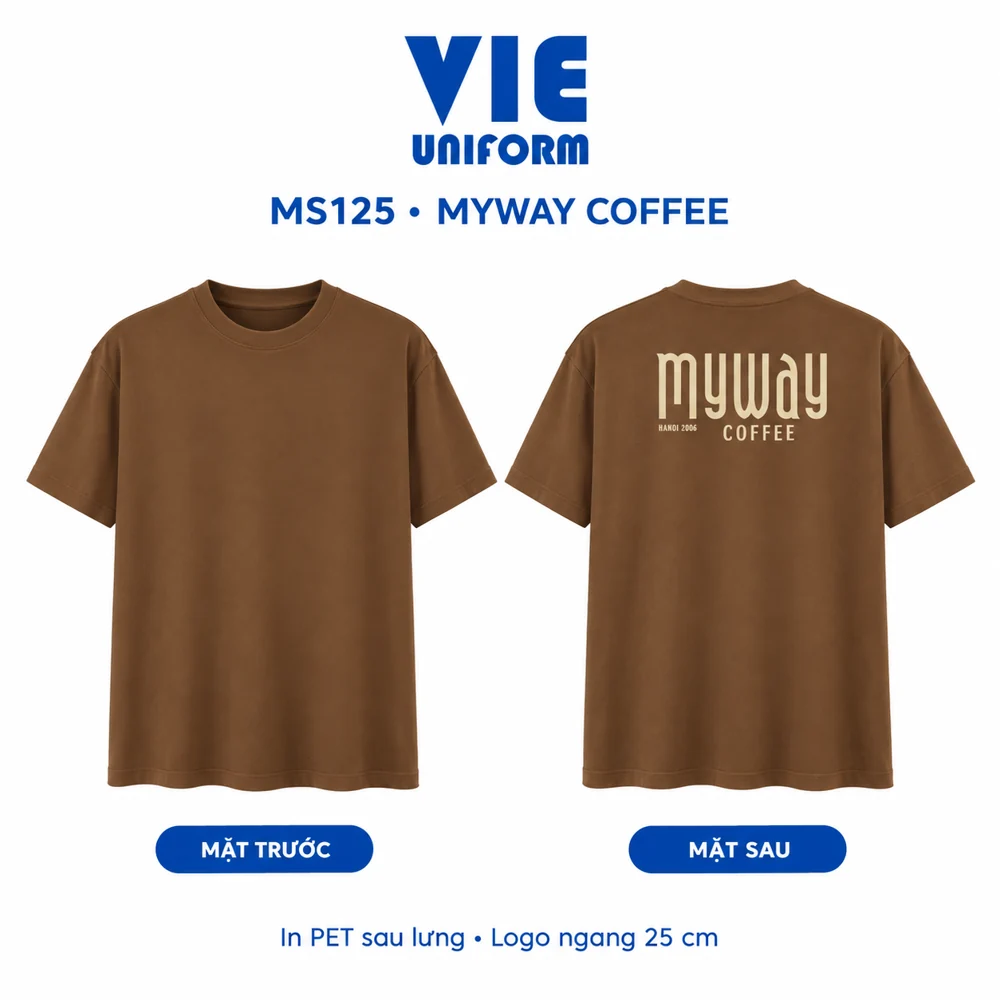 Maket áo thun Myway Coffee MS125, mặt trước trơn và logo sau lưng ngang 25 cm