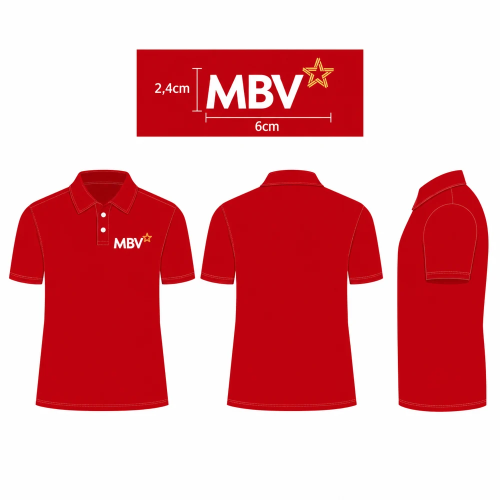 Maket áo polo đỏ MBV mặt trước mặt sau và bên hông, logo 6 x 2,4 cm
