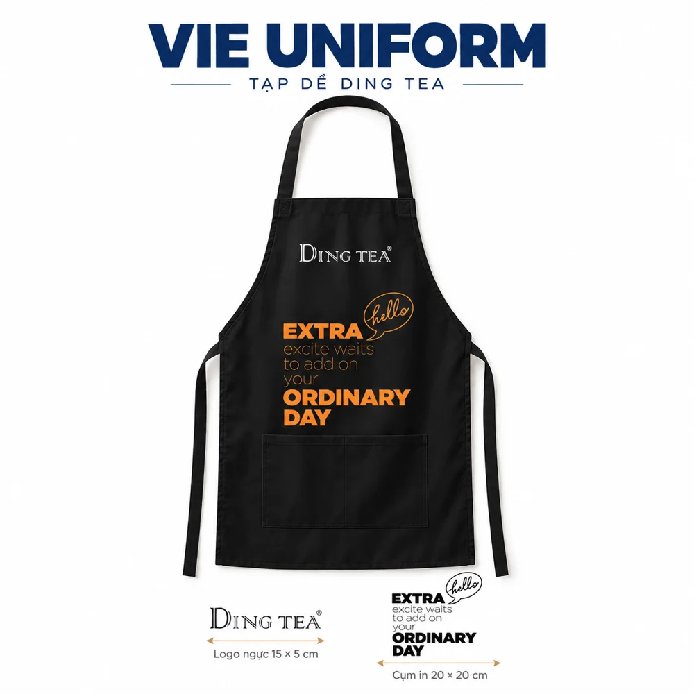 Maket tạp dề đồng phục Ding Tea logo ngực và cụm in 20 x 20 cm