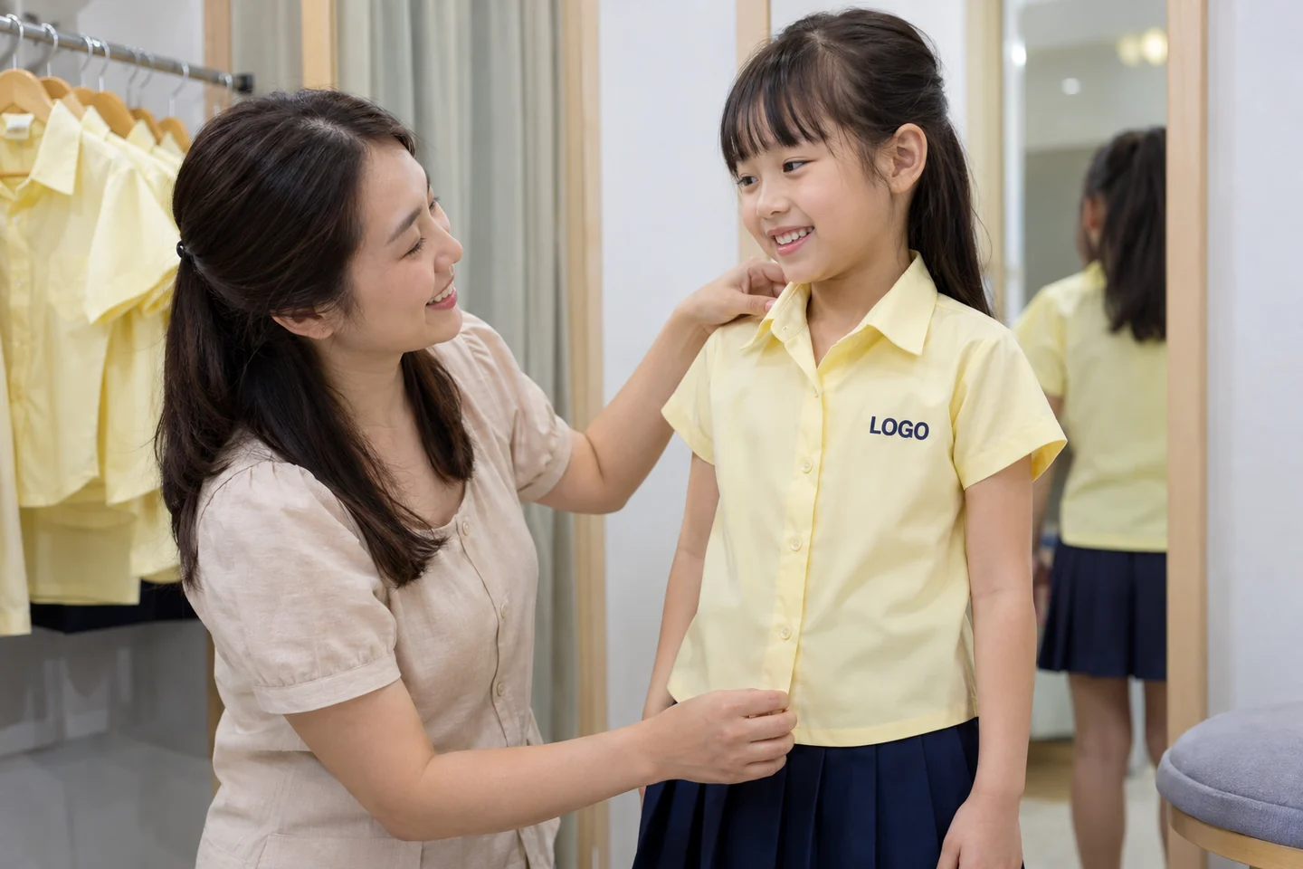 Mẹ con thử áo đồng phục