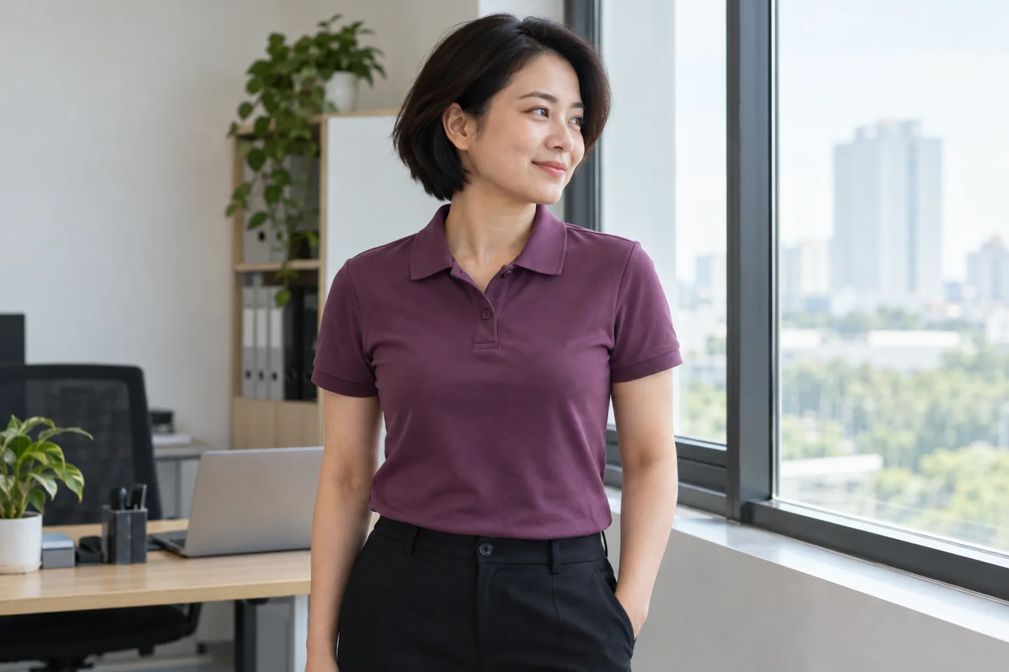 áo polo tím vừa người trong môi trường văn phòng