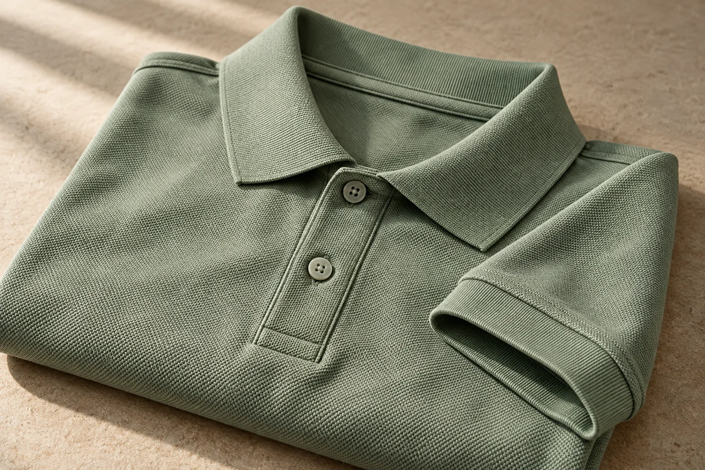 bề mặt vải pique và bo cổ áo polo xanh rêu