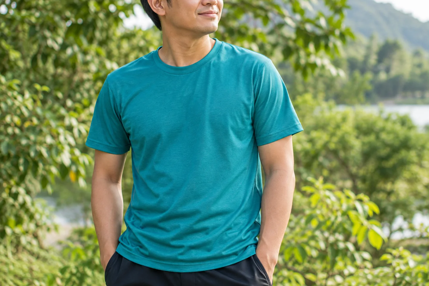 form tay và vai áo team building xanh ngọc
