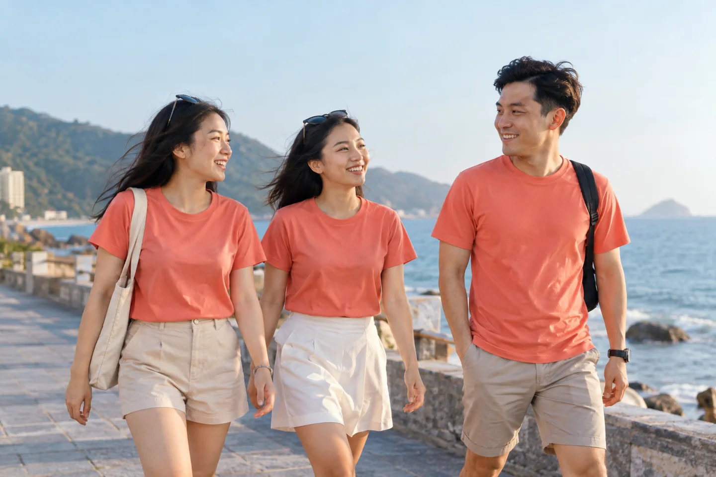 nhóm du lịch mặc áo thun màu san hô bên biển