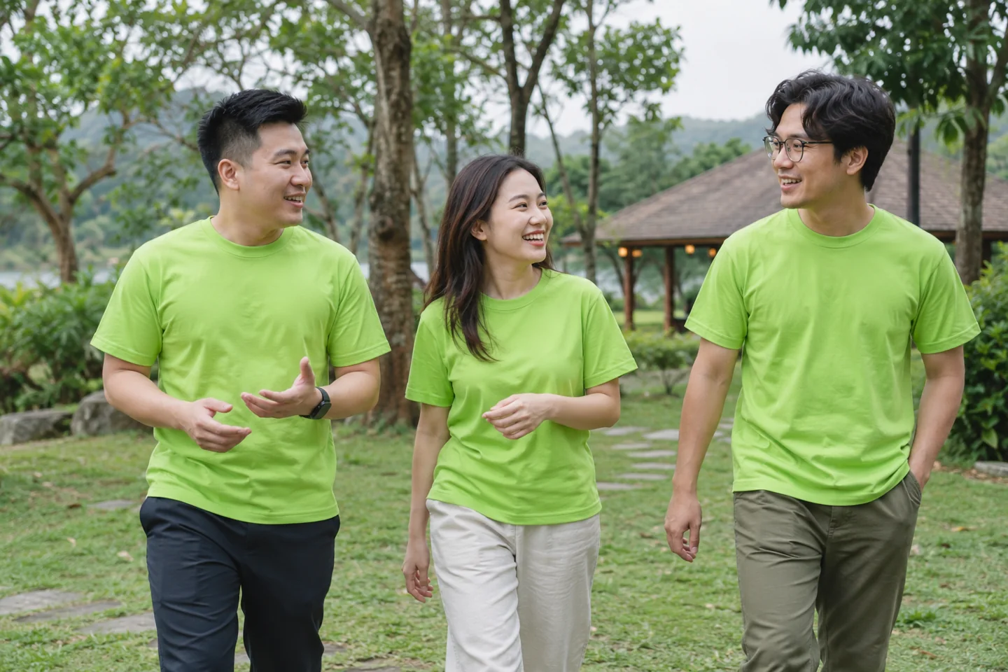 nhóm mặc áo team building xanh lá ngoài trời