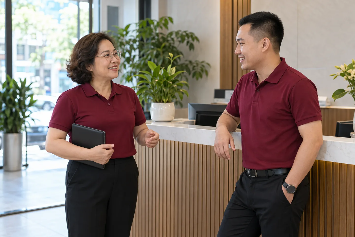 Nhân viên doanh nghiệp mặc polo burgundy trong khu vực tiếp khách