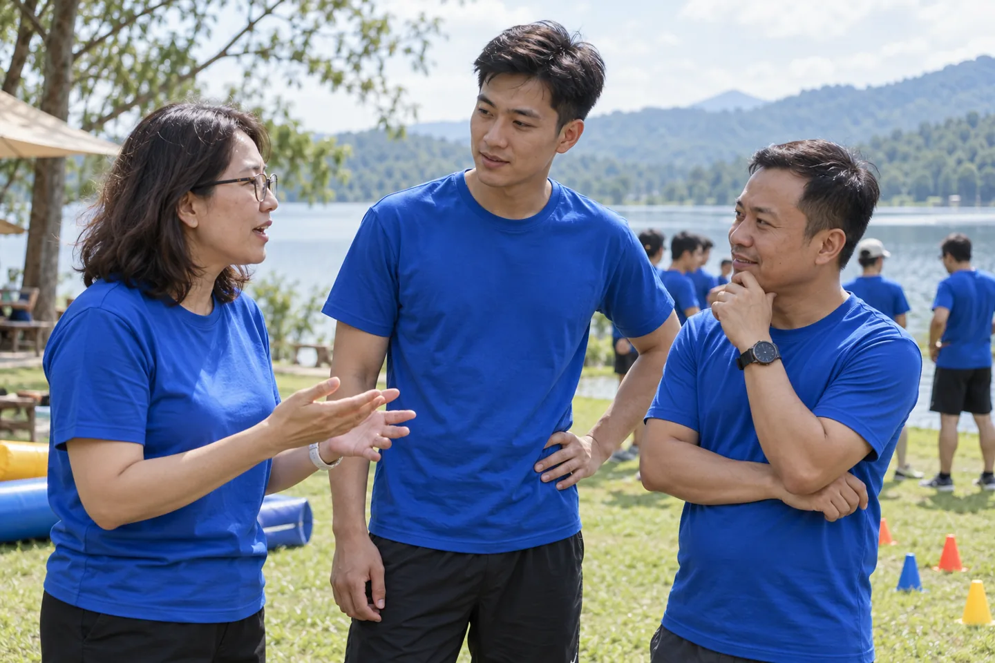 Nhân viên mặc áo team building xanh dương tại hoạt động ngoài trời