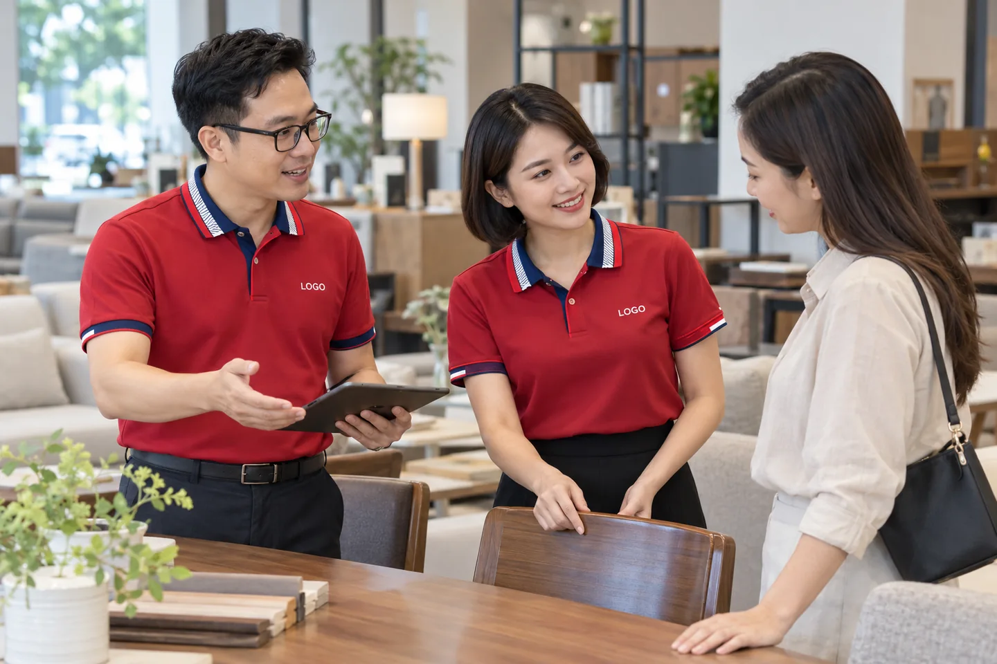 Nhân viên mặc polo đỏ phối navy tại showroom