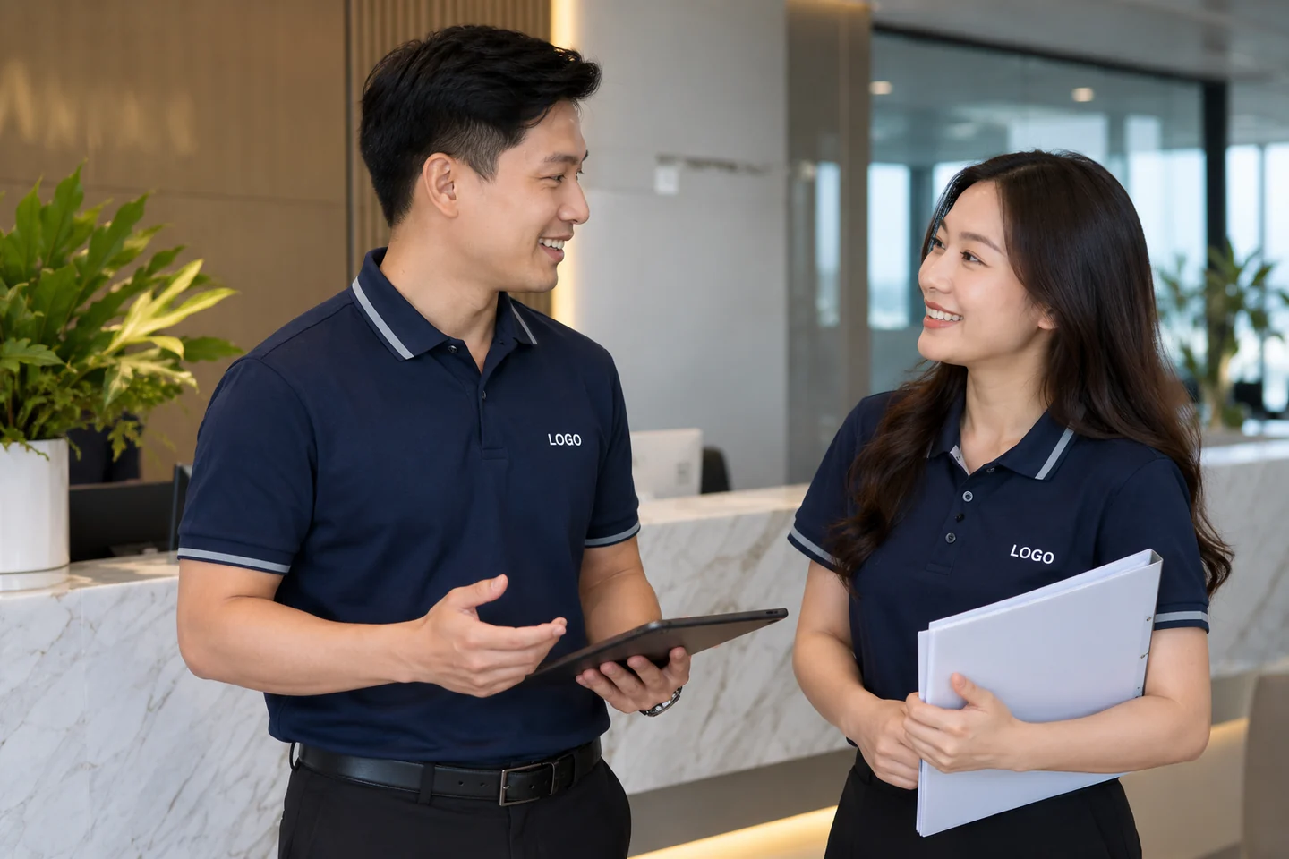 Nhân viên mặc polo navy phối cổ xám