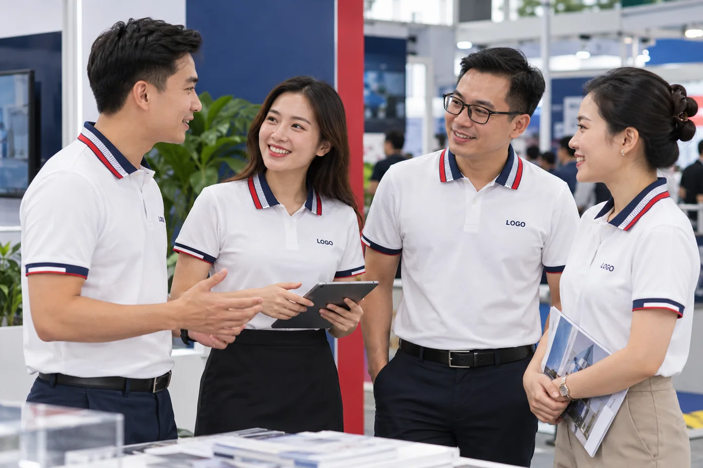 Nhân viên mặc polo trắng phối navy đỏ tại sự kiện