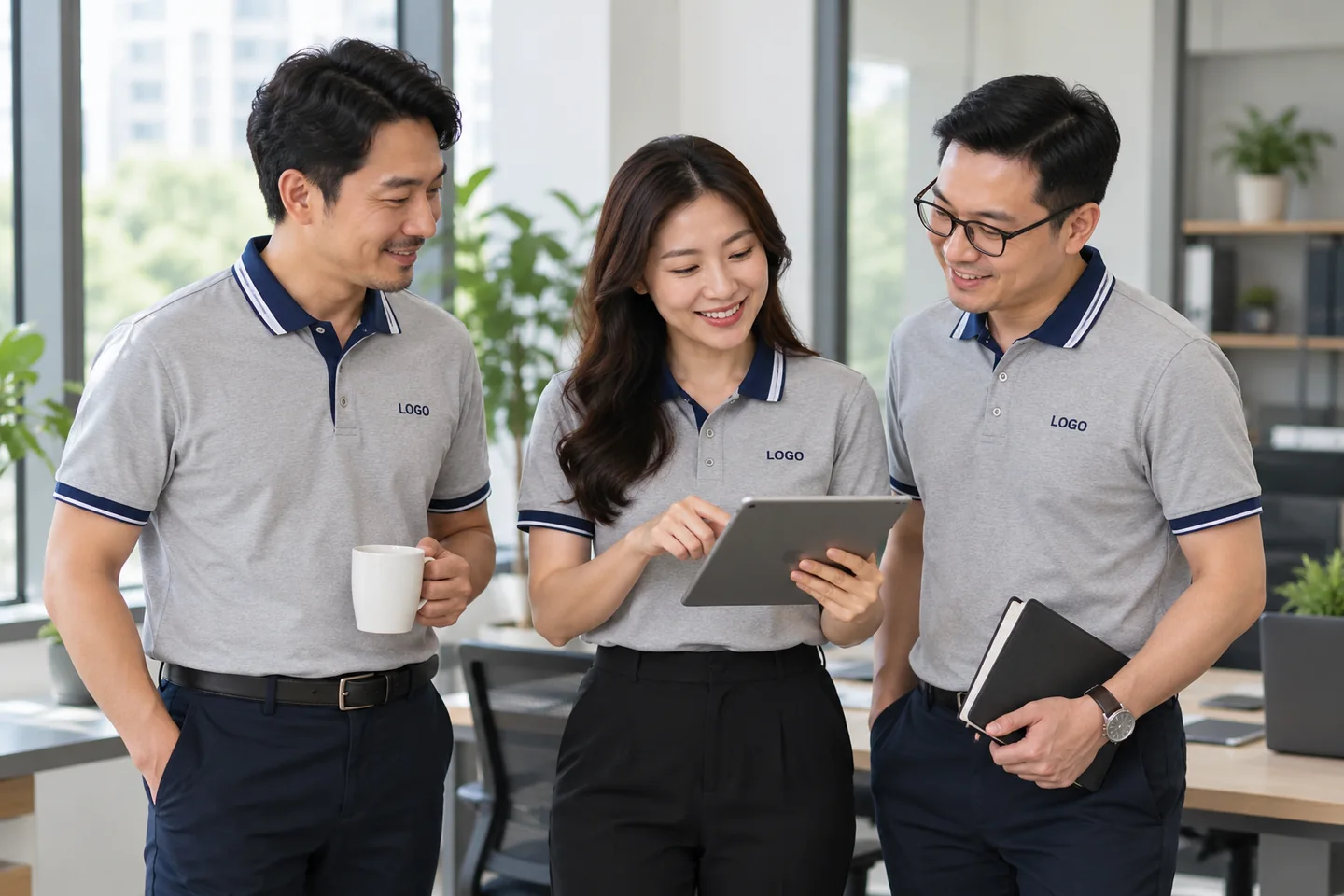 Nhân viên mặc polo xám phối navy trong văn phòng