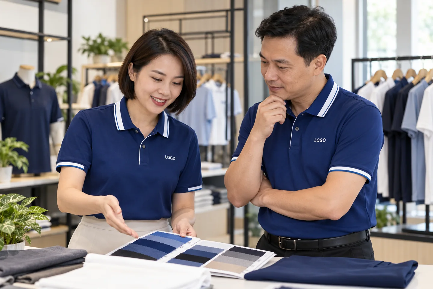Nhân viên mặc polo xanh dương duyệt mẫu đồng phục