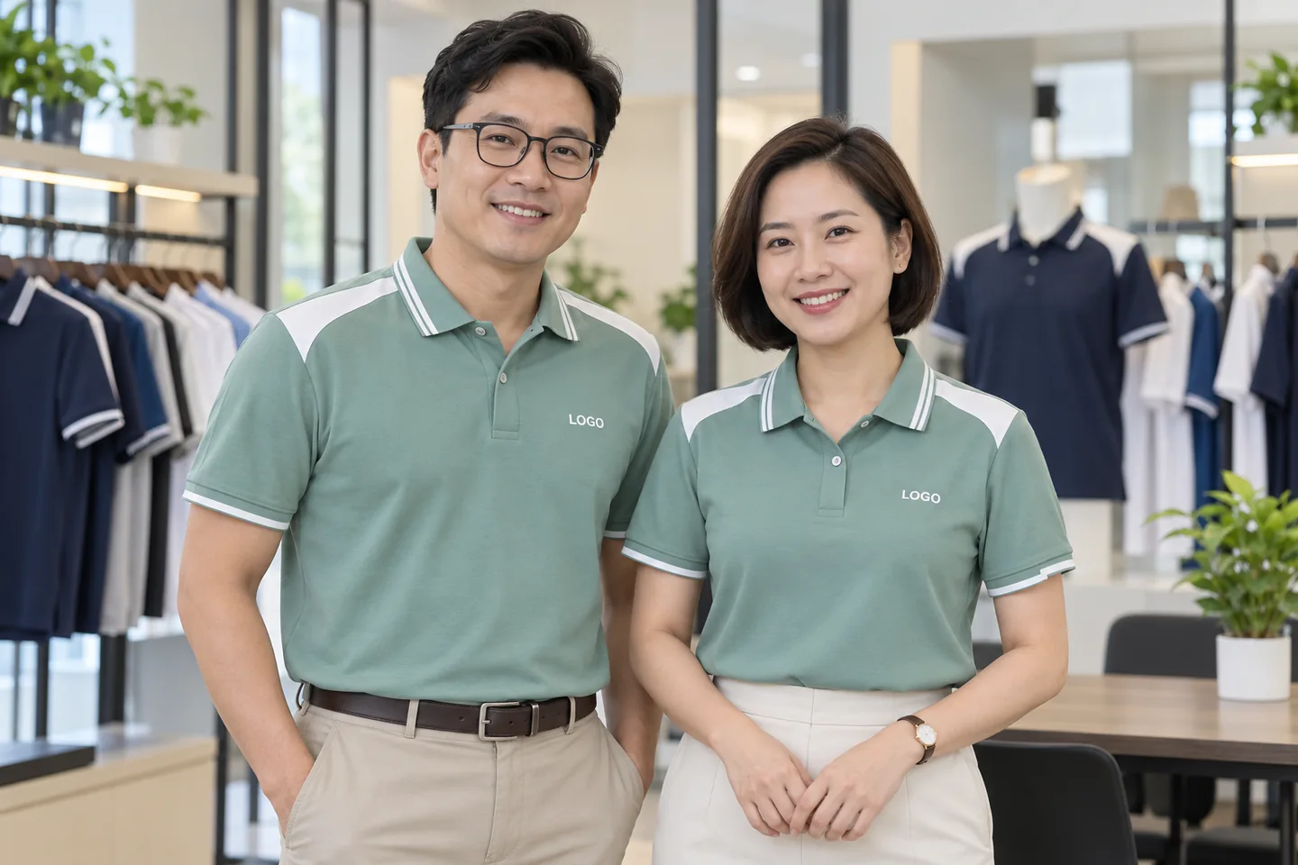 Nhân viên mặc polo xanh mint phối trắng