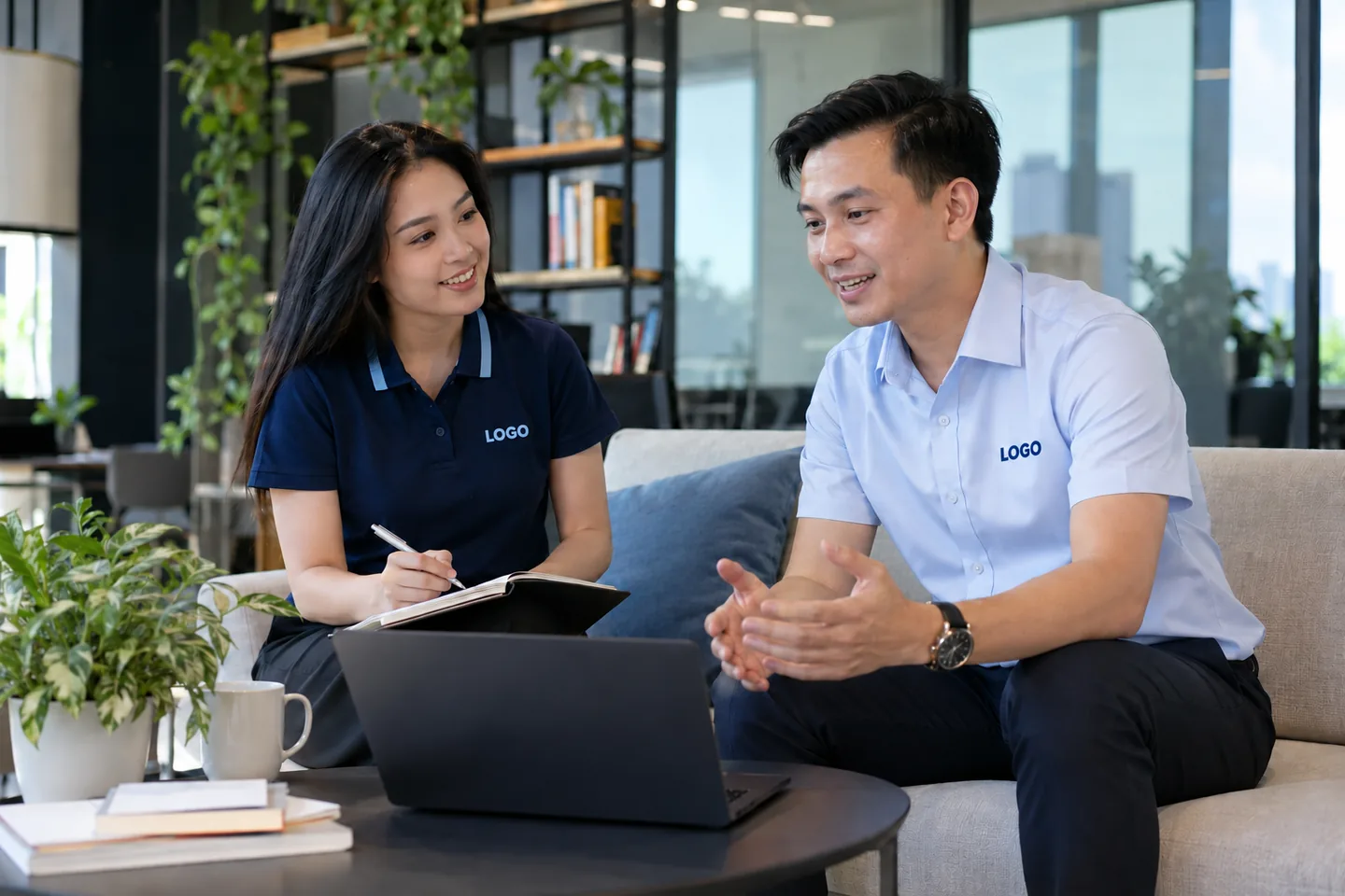 Nhân viên mặc sơ mi và polo in chữ LOGO cùng tông xanh