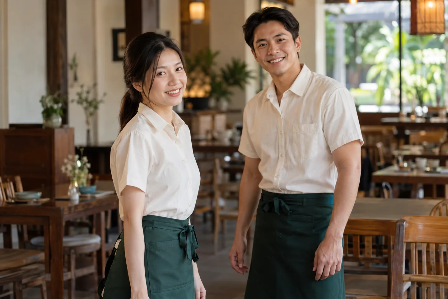Nhân viên phục vụ mặc sơ mi kem phối tạp dề xanh đậm