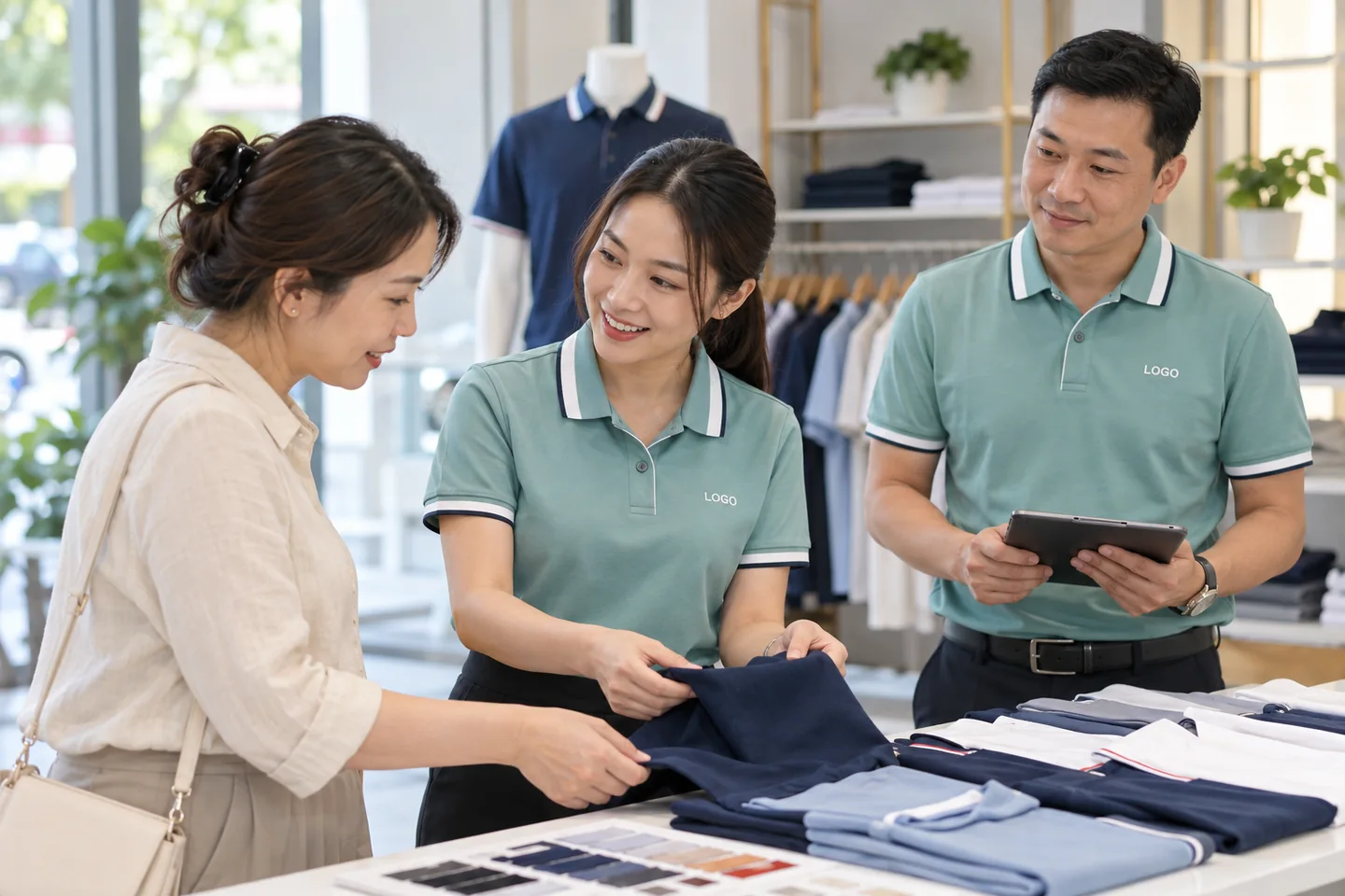 Nhân viên tư vấn mặc polo xanh mint phối trắng