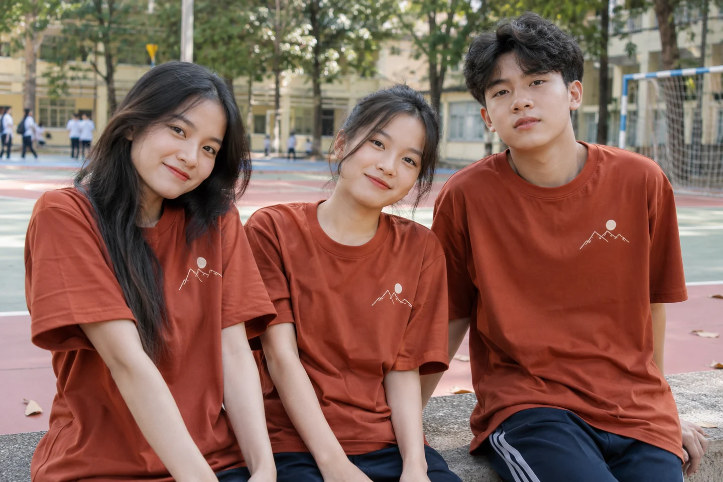 Nhóm học sinh mặc áo lớp đơn giản màu cam đất