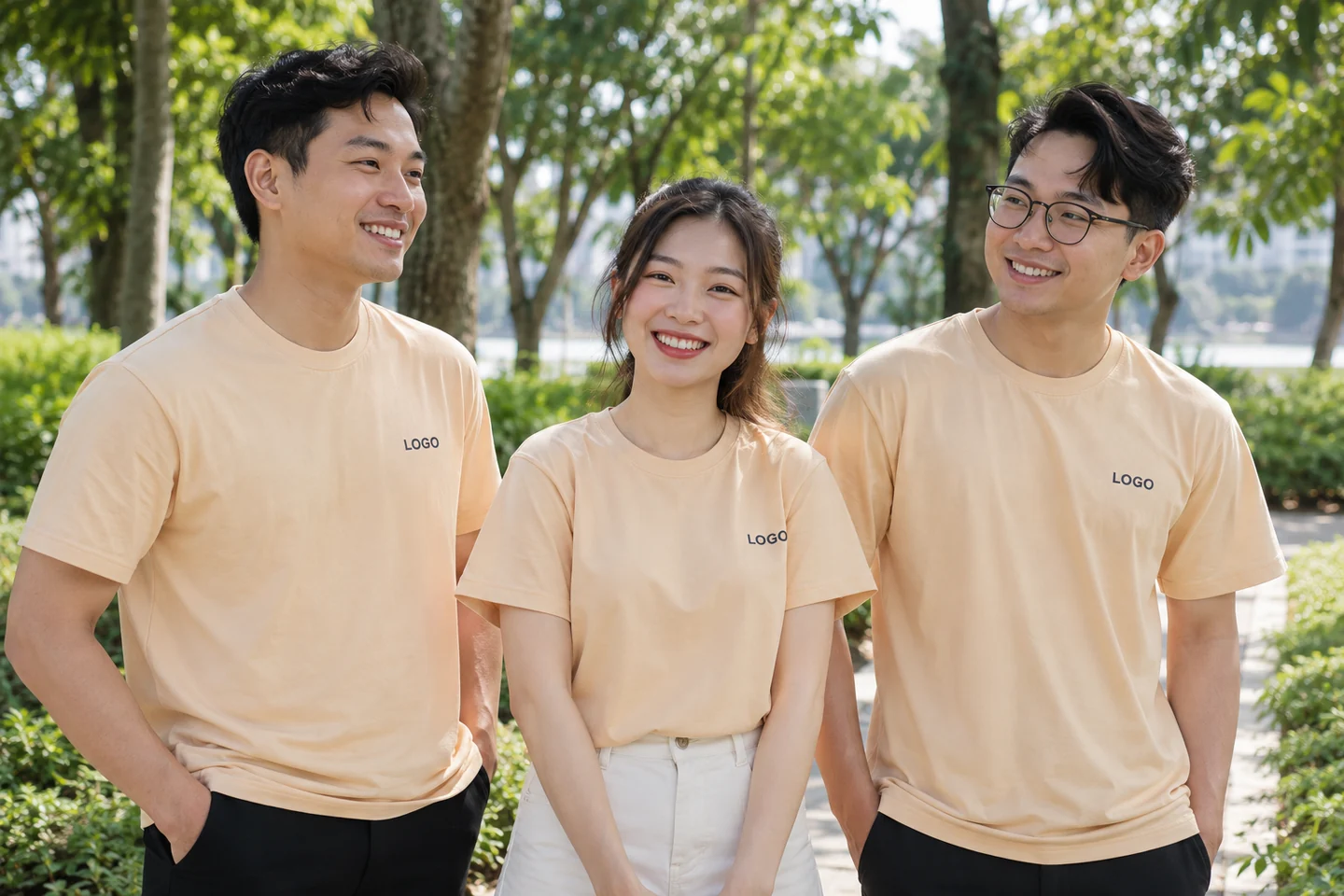 Nhóm nhân viên mặc áo cổ tròn mùa hè ngoài trời