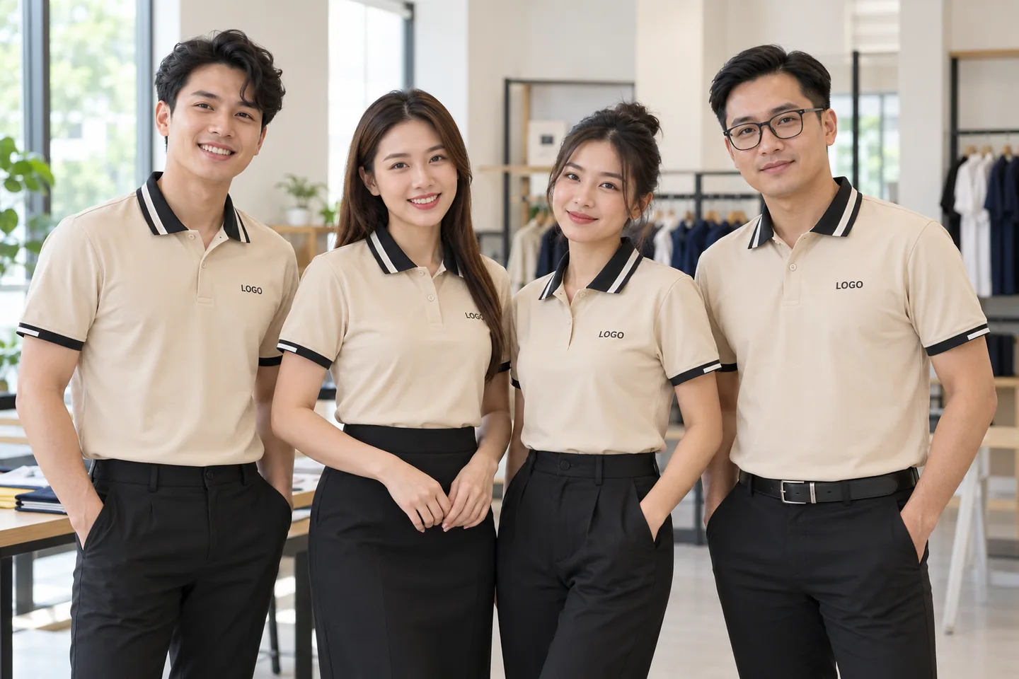 Nhóm nhân viên mặc polo be phối đen