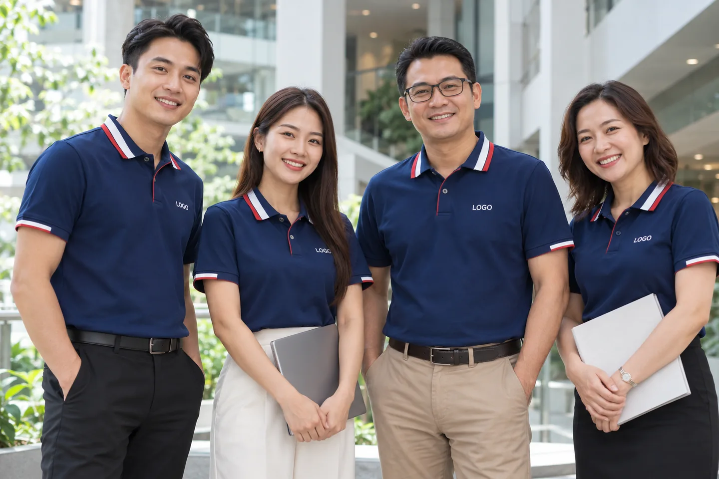 Nhóm nhân viên mặc polo navy phối trắng trong sảnh công ty