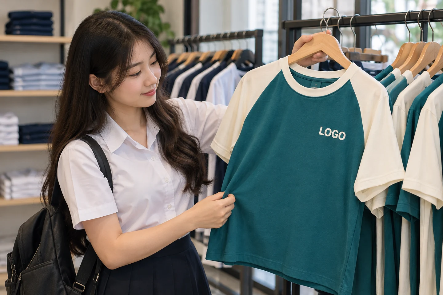 Nữ sinh xem áo raglan xanh ngọc
