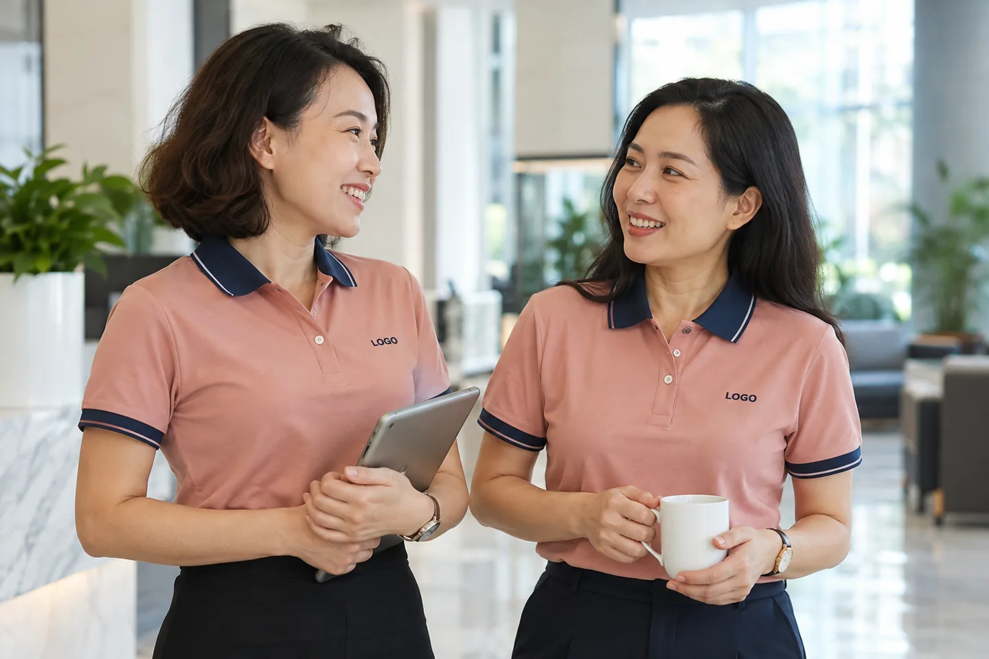 Phối polo hồng phấn navy trên nhân viên nữ