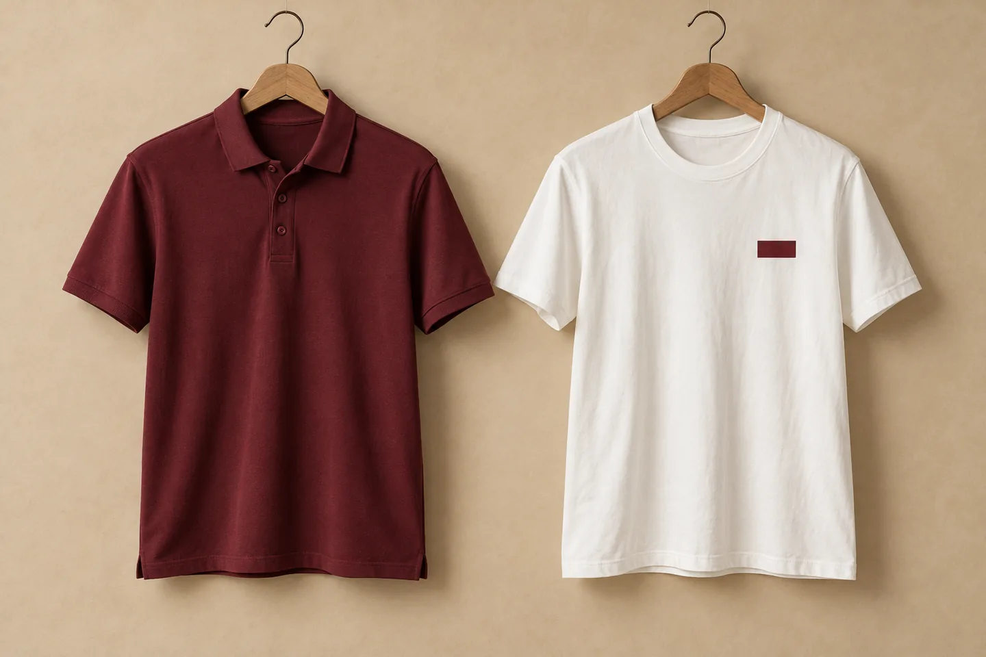 Polo burgundy và áo cổ tròn trắng cùng bộ nhận diện doanh nghiệp