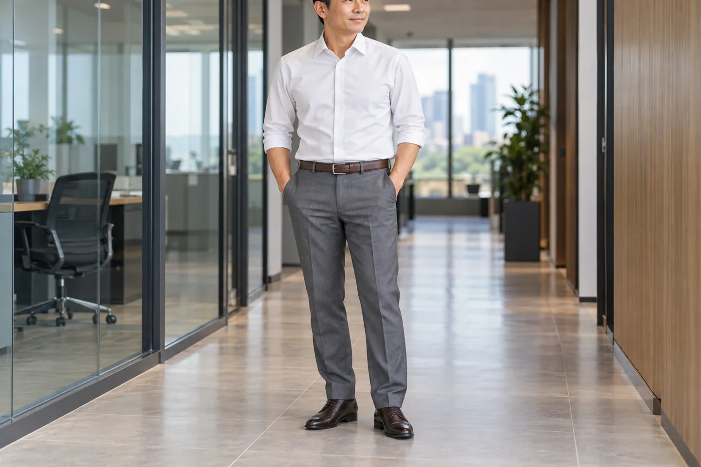 Quần âu ống đứng xám phối sơ mi trắng trong văn phòng