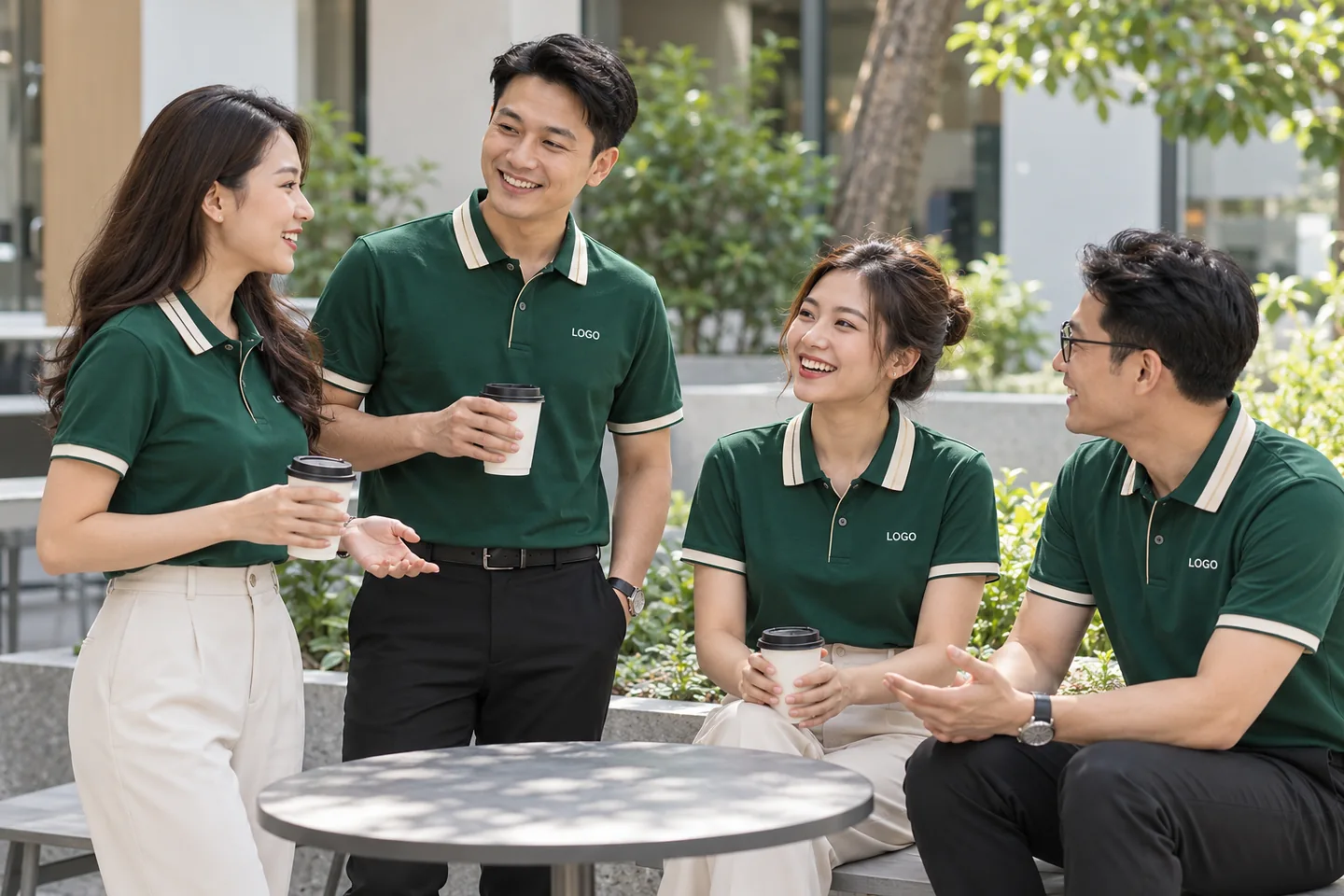 Sinh hoạt tập thể với polo xanh rêu phối kem