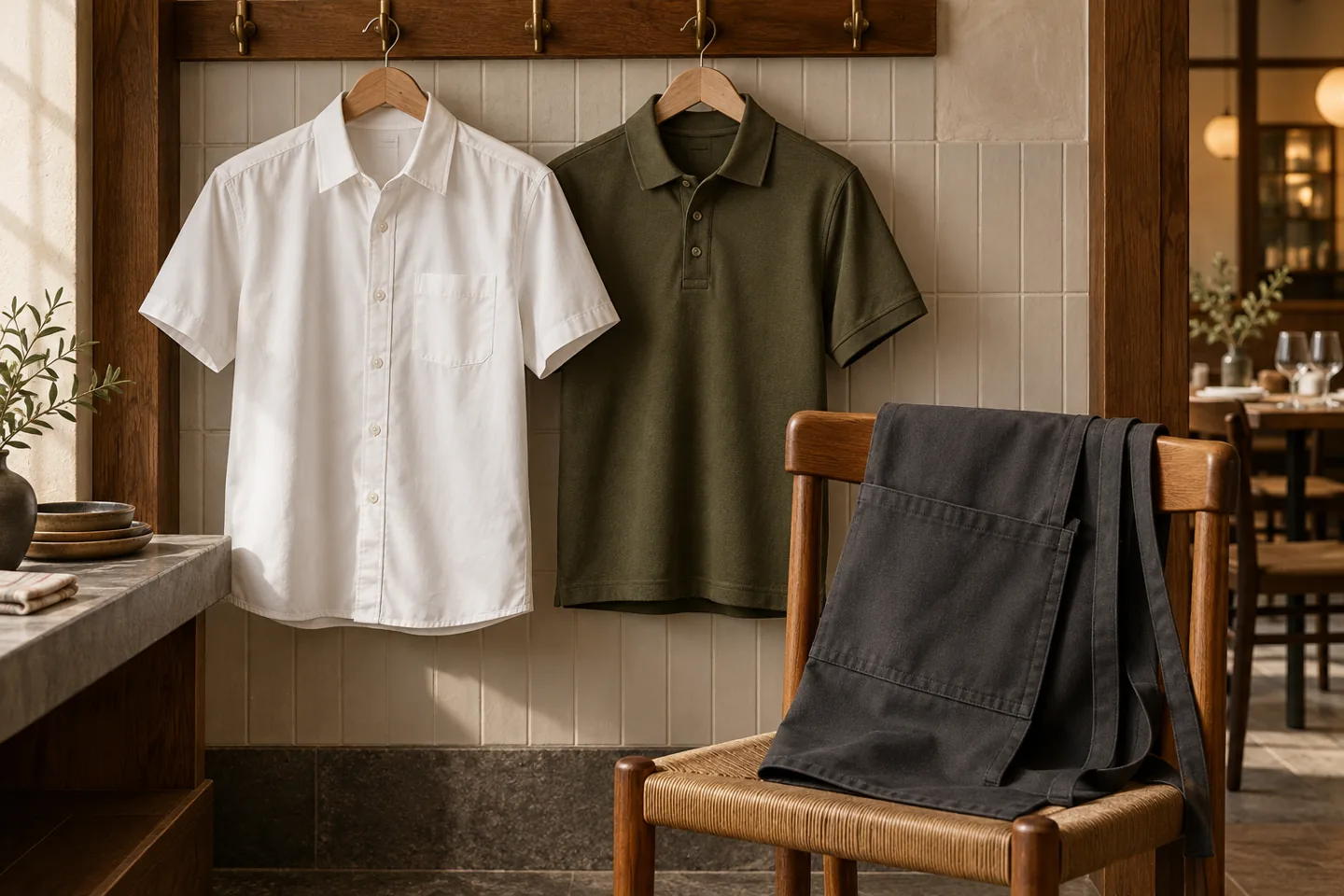Sơ mi trắng và polo olive phối tạp dề trong hệ đồng phục nhà hàng