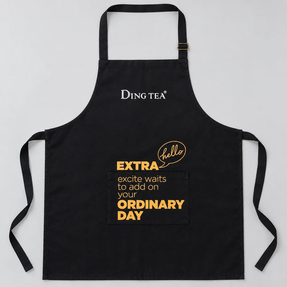 Tạp dề Ding Tea vải bố đen in logo và chữ cam