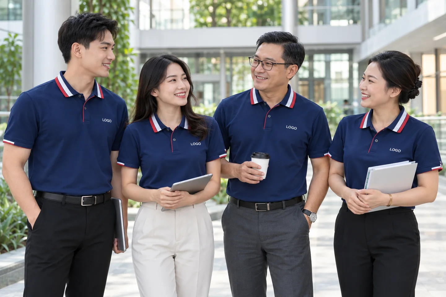 Tập thể mặc polo navy phối đỏ trắng