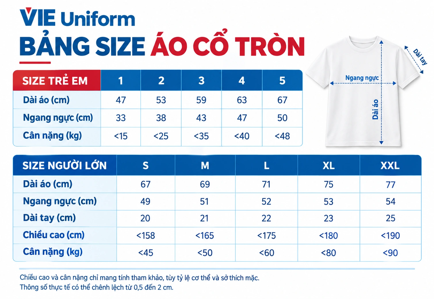 Bảng size áo cổ tròn VIE Uniform