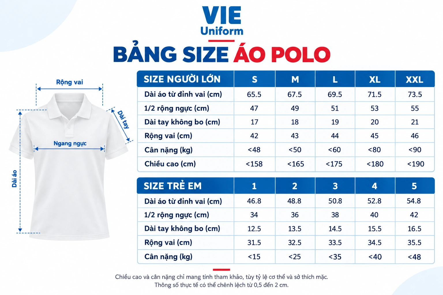 Bảng size áo polo VIE Uniform