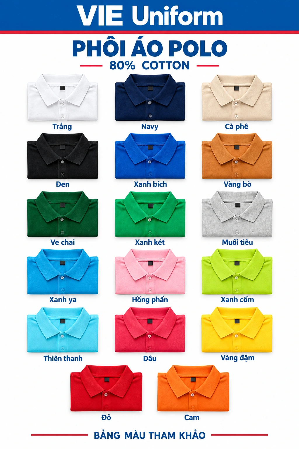 Phôi áo polo 80% cotton – bảng màu VIE