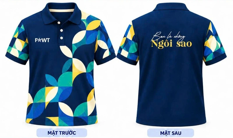 Maket áo sự kiện Thiên Phúc polo xanh than mặt trước và sau