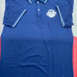 Áo polo xanh đen Airycool với logo QUANG ANH CHU ở ngực trái và viền trắng tại cổ, tay áo.