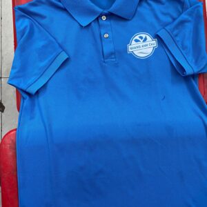 Áo polo xanh YA bằng vải cá sấu poly, logo QUANG ANH CHU trên ngực trái.