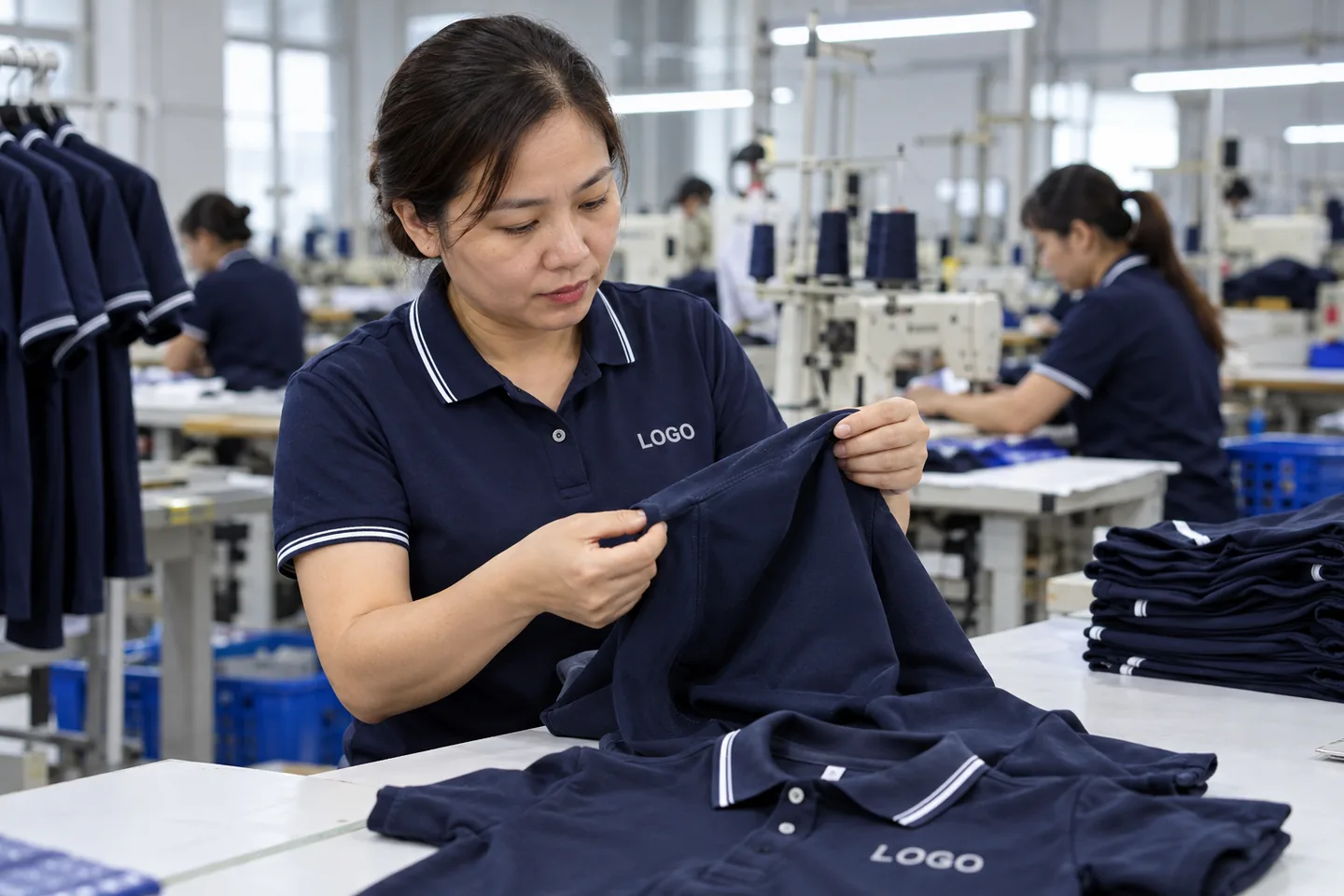 Kiểm tra đường may trên áo đồng phục mẫu