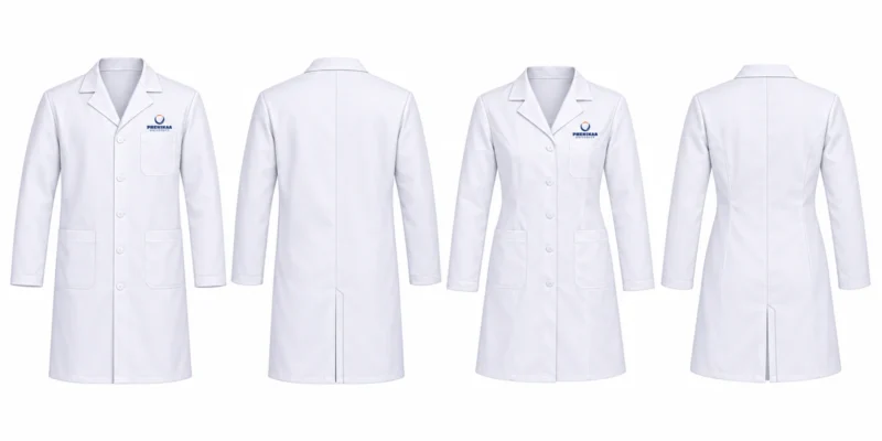Maket minh họa áo blouse Phenikaa tay dài: mẫu nam và nữ, mặt trước và sau.