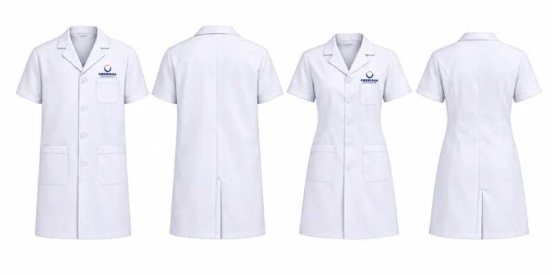 Maket minh họa áo blouse Phenikaa tay ngắn: mẫu nam và nữ, mặt trước và sau.