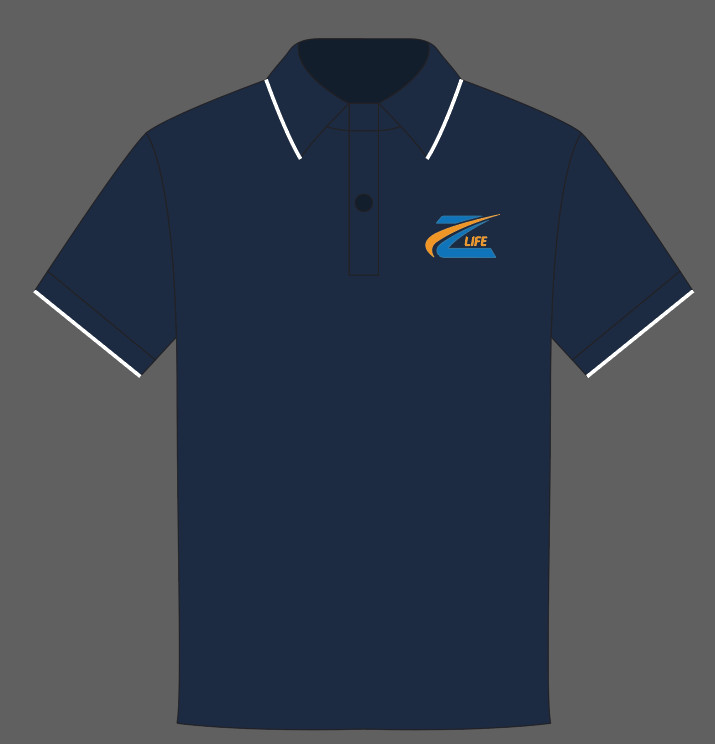 101 áo polo đồng phục ZLIFE Việt Nam do VIE Uniform sản xuất – Maket áo polo ZLIFE Việt Nam: nền xanh đen, cổ và tay viền trắng, logo tại ngực trái. – 4