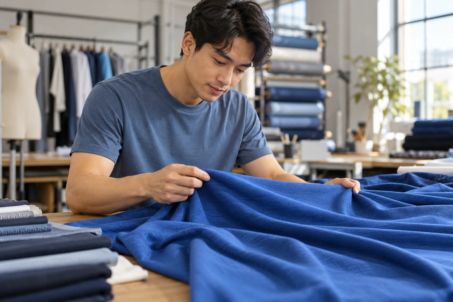 Kiểm tra mẫu vải xanh minh họa cho chất liệu COOLMATE