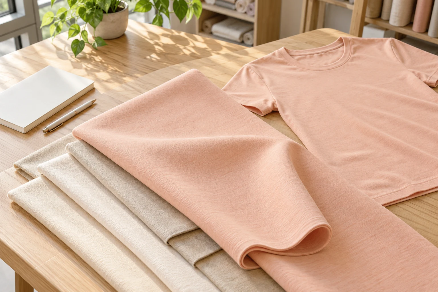 Mẫu vải màu đào cùng áo cổ tròn minh họa chất liệu E-cotton