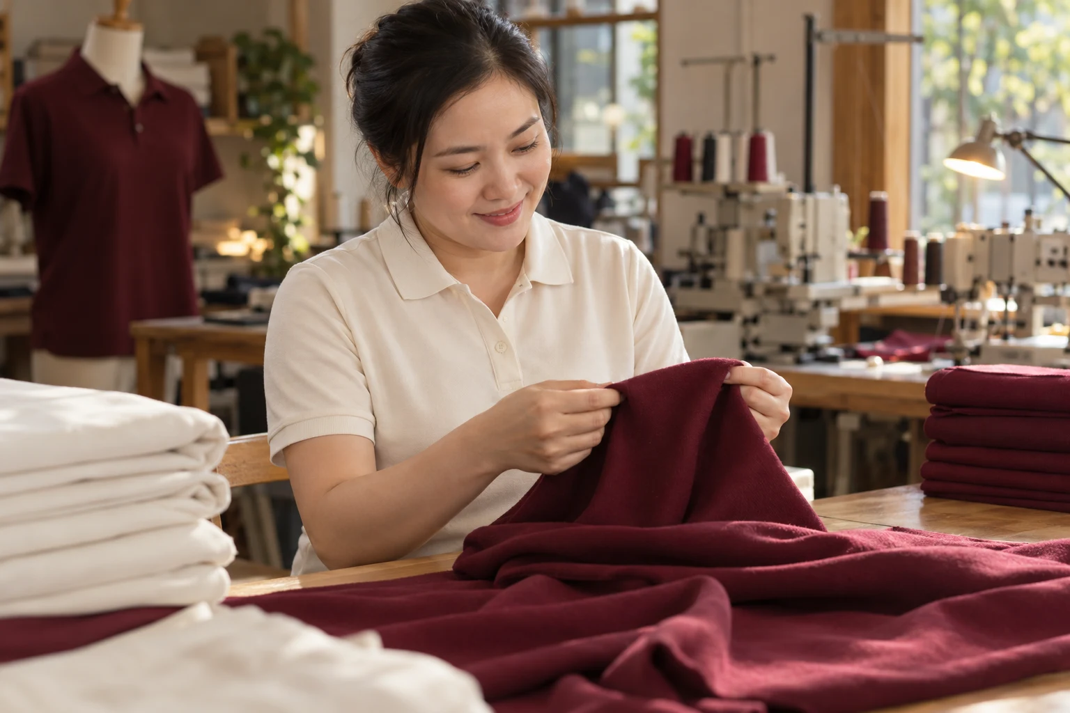 Duyệt mẫu vải đỏ đô minh họa cho chất liệu PRIME COTTON